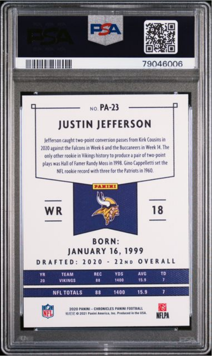 Graded 2020 Panini Chronicles Justin Jefferson #PA23 Panini Rookie RC Football Card PSA 10 Gem Mint
