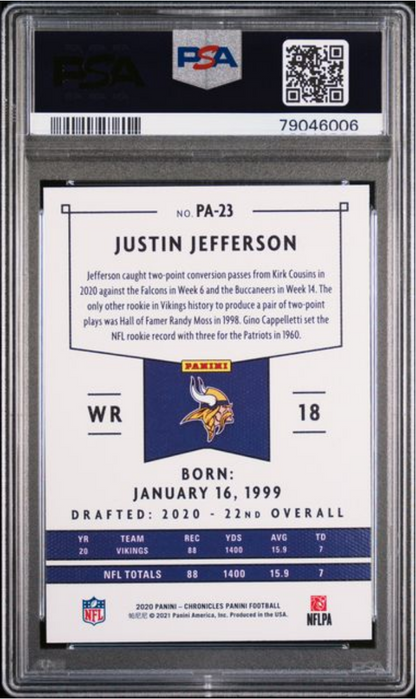 Graded 2020 Panini Chronicles Justin Jefferson #PA23 Panini Rookie RC Football Card PSA 10 Gem Mint