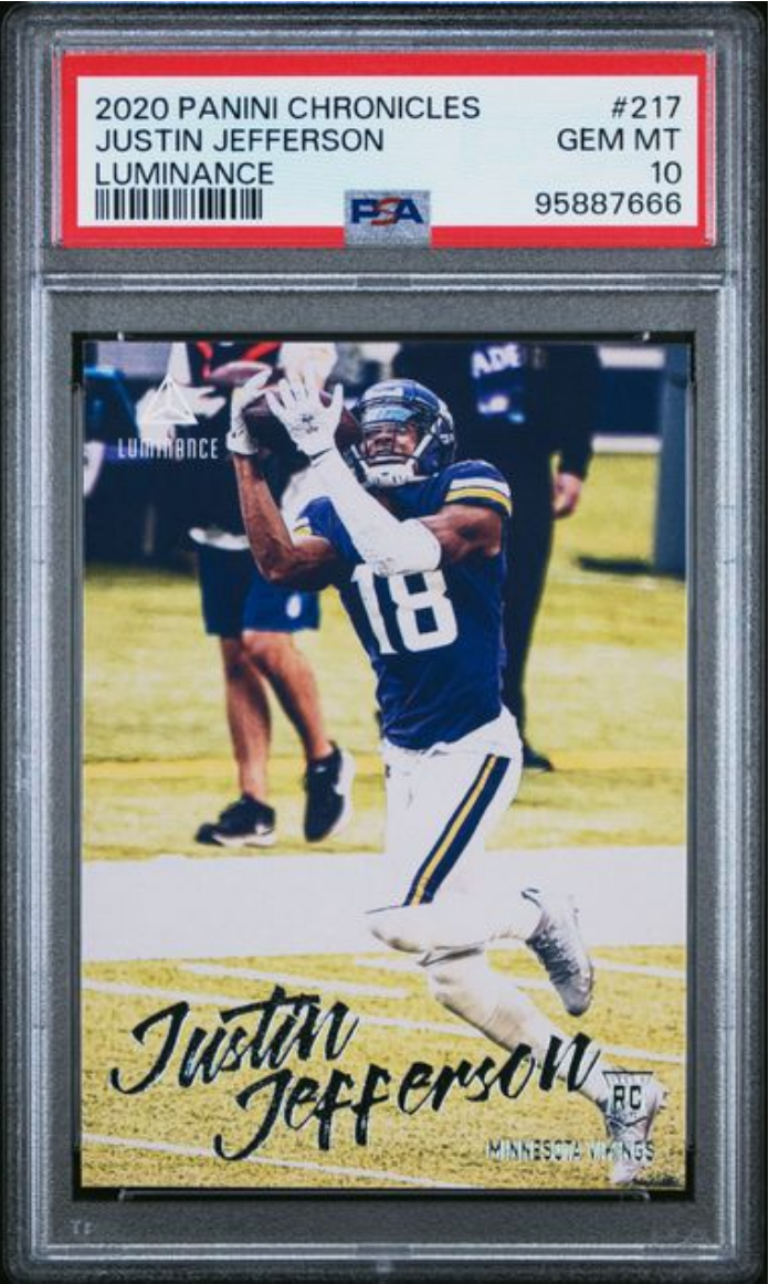 Graded 2020 Panini Chronicles Justin Jefferson #217 Luminance Rookie RC Football Card PSA 10 Gem Mint