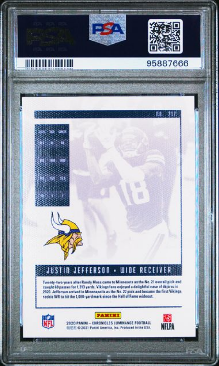 Graded 2020 Panini Chronicles Justin Jefferson #217 Luminance Rookie RC Football Card PSA 10 Gem Mint