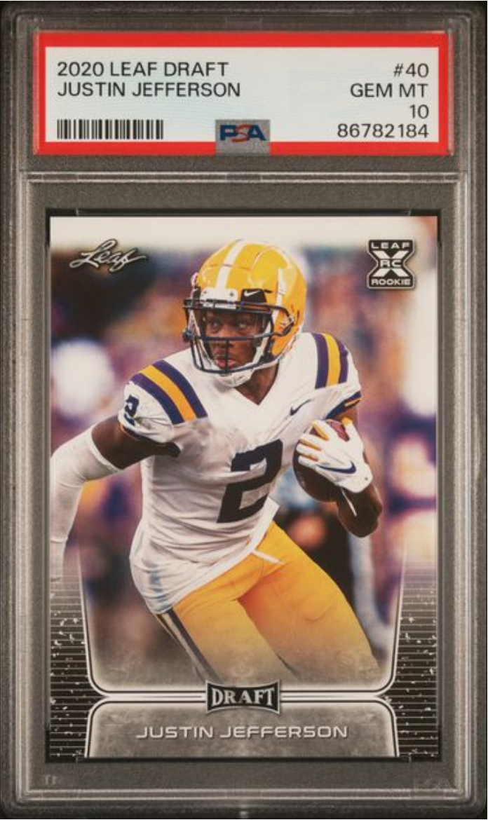 Graded 2020 Leaf Draft Justin Jefferson #40 Rookie RC Football Card PSA 10 Gem Mint