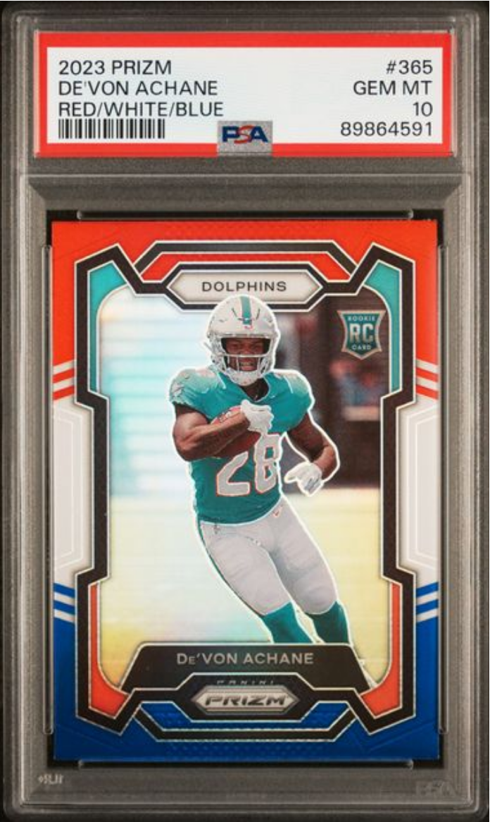 Graded 2023 Panini Prizm Devon Achane #365 Red/White/Blue Rookie RC Football Card PSA 10 Gem Mint