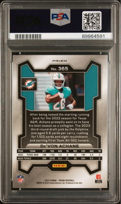 Graded 2023 Panini Prizm Devon Achane #365 Red/White/Blue Rookie RC Football Card PSA 10 Gem Mint
