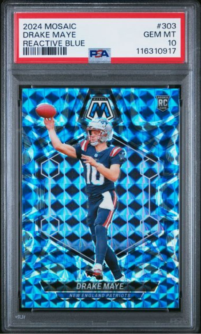 Graded 2024 Panini Mosaic Drake Maye #303 Reactive Blue Rookie RC Football Card PSA 10 Gem Mint