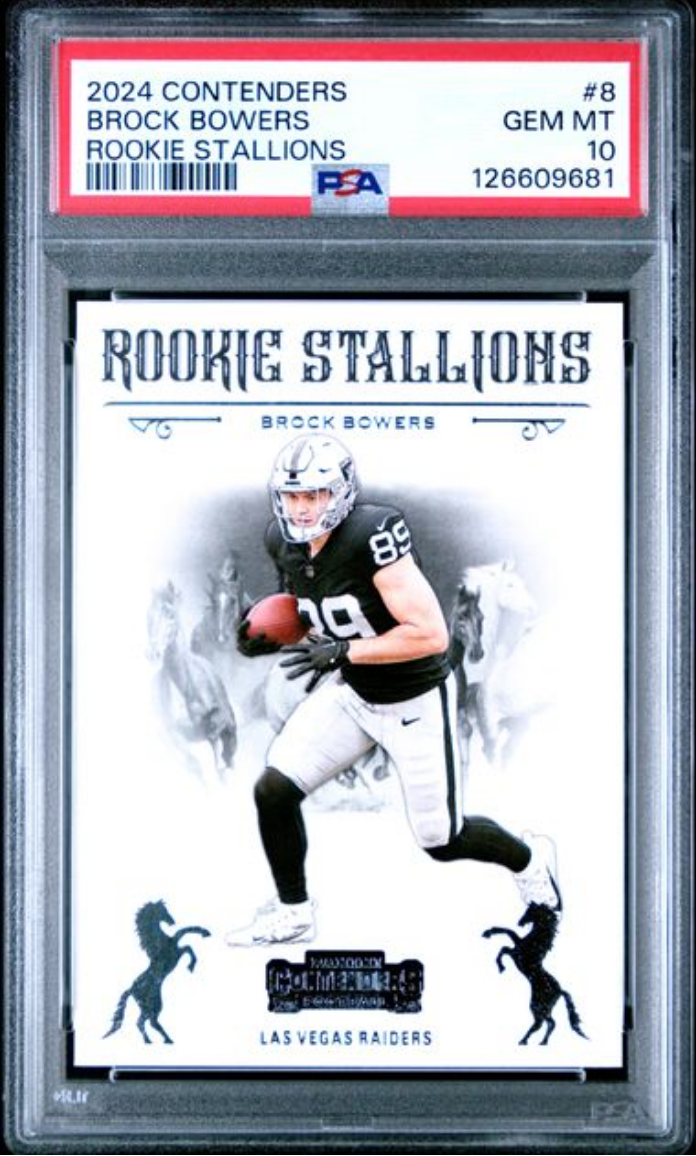 Graded 2024 Panini Contenders Brock Bowers #8 Rookie Stallions Rookie RC Football Card PSA 10 Gem Mint