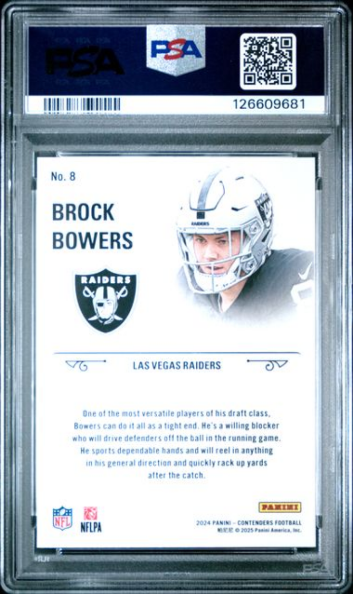 Graded 2024 Panini Contenders Brock Bowers #8 Rookie Stallions Rookie RC Football Card PSA 10 Gem Mint