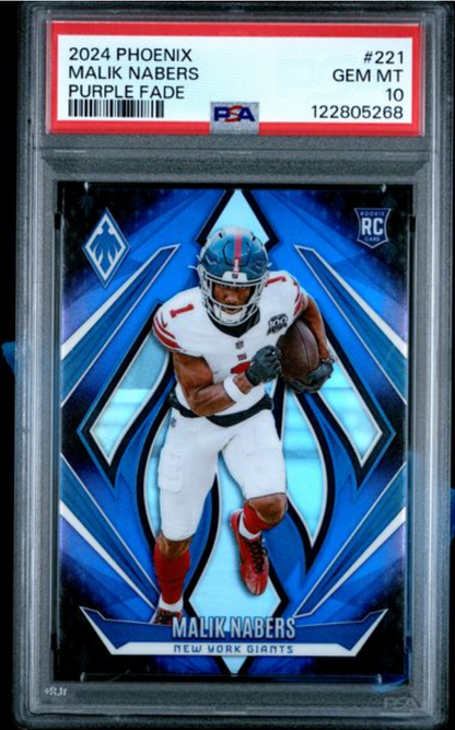 Graded 2024 Panini Phoenix Malik Nabers #221 Purple Fade Rookie RC Football Card PSA 10 Gem Mint