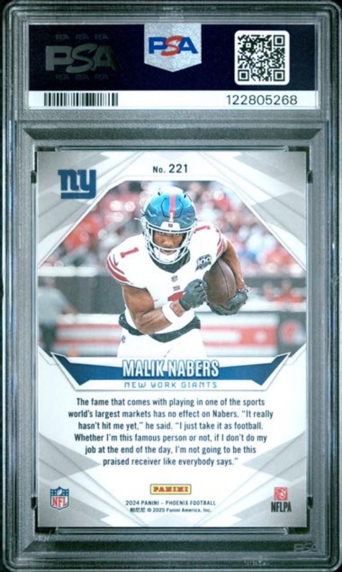Graded 2024 Panini Phoenix Malik Nabers #221 Purple Fade Rookie RC Football Card PSA 10 Gem Mint