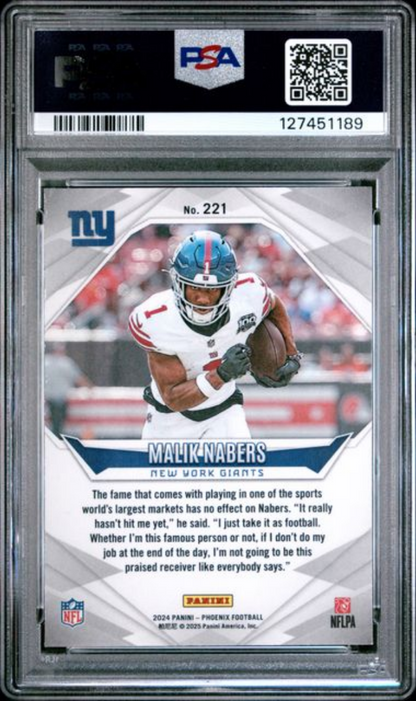 Graded 2024 Panini Phoenix Malik Nabers #221 Orange Rookie RC Football Card PSA 10 Gem Mint