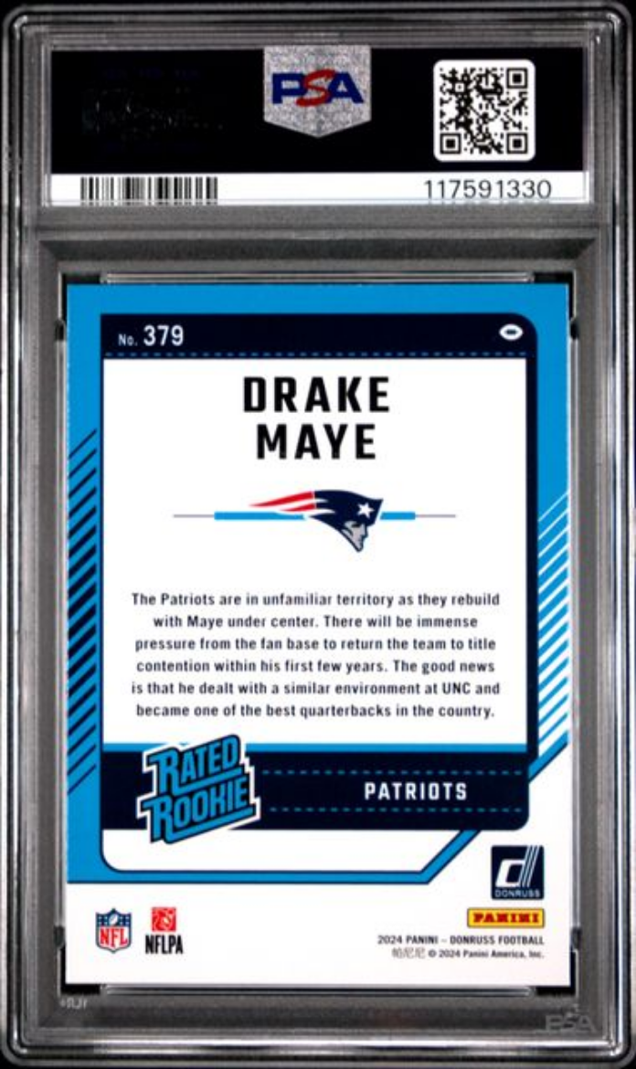 Graded 2024 Panini Donruss Drake Maye #379 Press Proof Blue Rookie RC Football Card PSA 9 Mint