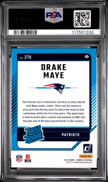 Graded 2024 Panini Donruss Drake Maye #379 Press Proof Blue Rookie RC Football Card PSA 9 Mint
