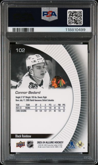 Graded 2023 Upper Deck Allure Connor Bedard #102 Black Rainbow Rookie RC Hockey Card PSA 10 Gem Mint