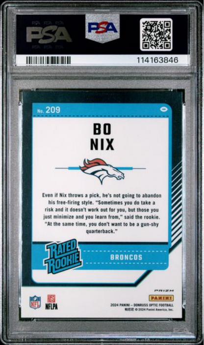Graded 2024 Panini Donruss Optic Bo Nix #209 Green Hyper Rookie RC Football Card PSA 10 Gem Mint
