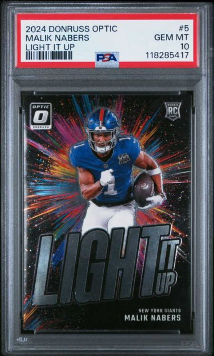Graded 2024 Panini Donruss Optic Malik Nabers #5 Light It Up Rookie RC Football Card PSA 10 Gem Mint