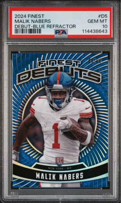 Graded 2024 Topps Finest Malik Nabers #D5 Debut Blue Refractor /99 Rookie RC Football Card PSA 10 Gem Mint