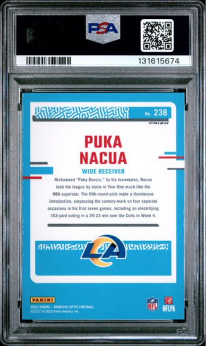 Graded 2023 Panini Donruss Optic Puka Nacua #238 Green Velocity Rookie RC Football Card PSA 10 Gem Mint