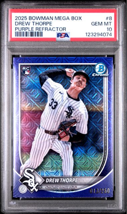Graded 2025 Topps Bowman Mega Box Drew Thorpe #8 Purple Refractor /250 Rookie RC Baseball Card PSA 10 Gem Mint