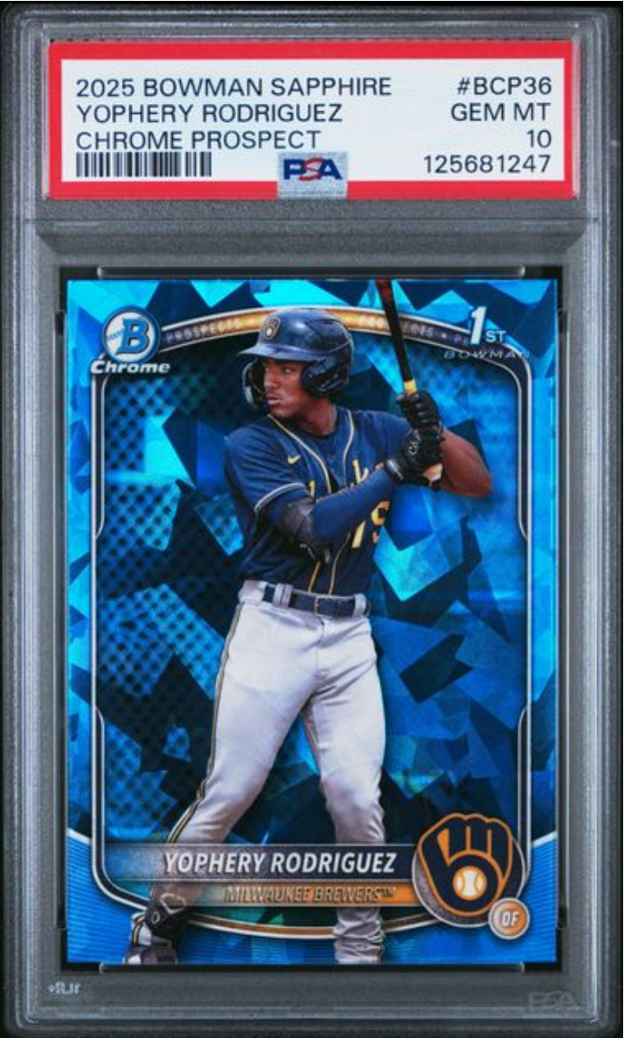 Graded 2025 Topps Bowman Sapphire Yophery Rodriguez #BCP36 Chrome Prospects Rookie RC Baseball Card PSA 10 Gem Mint