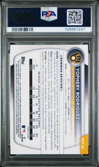 Graded 2025 Topps Bowman Sapphire Yophery Rodriguez #BCP36 Chrome Prospects Rookie RC Baseball Card PSA 10 Gem Mint