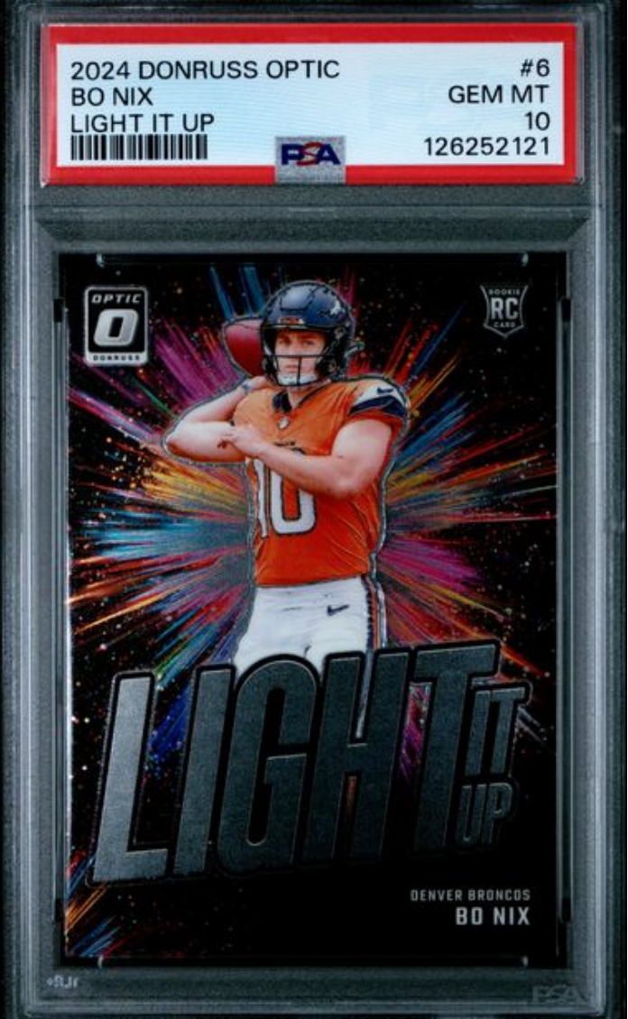 Graded 2024 Panini Donruss Optic Bo Nix #6 Light It Up Rookie RC Football Card PSA 10 Gem Mint