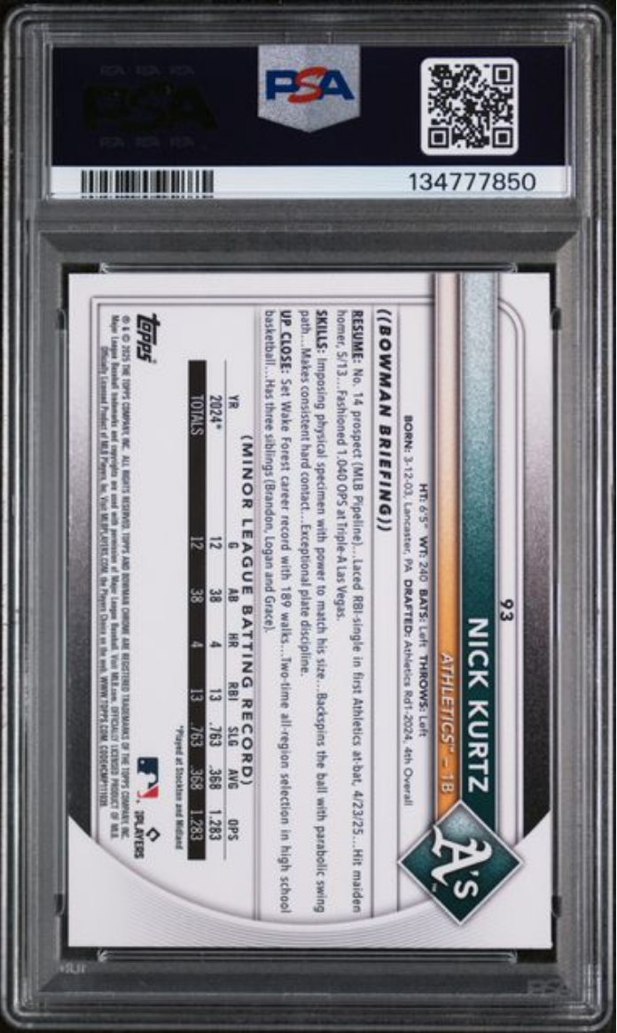 Graded 2025 Topps Bowman Chrome Mega Box Nick Kurtz #93 Rookie RC Baseball Card PSA 10 Gem Mint