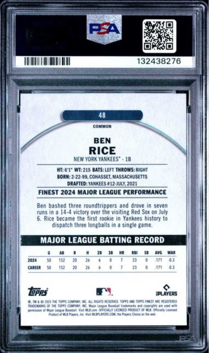 Graded 2025 Topps Finest Ben Rice #48 Rookie RC Baseball Card PSA 10 Gem Mint