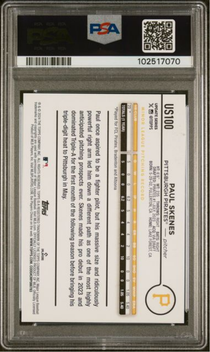 Graded 2024 Topps Update Paul Skenes #US100 Holiday Rookie RC Baseball Card PSA 10 Gem Mint