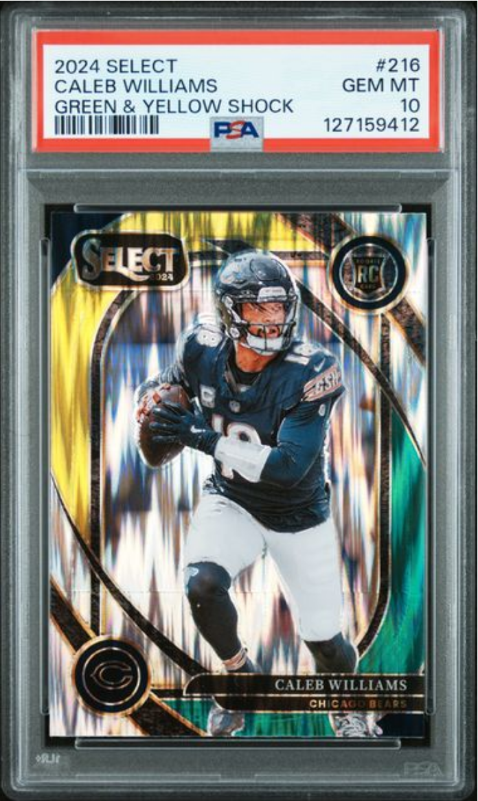 Graded 2024 Panini Select Caleb Williams #216 Green & Yellow Shock Rookie RC Football Card PSA 10 Gem Mint