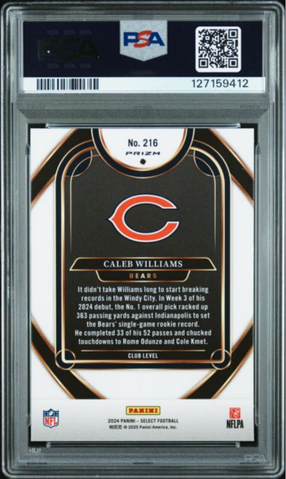 Graded 2024 Panini Select Caleb Williams #216 Green & Yellow Shock Rookie RC Football Card PSA 10 Gem Mint