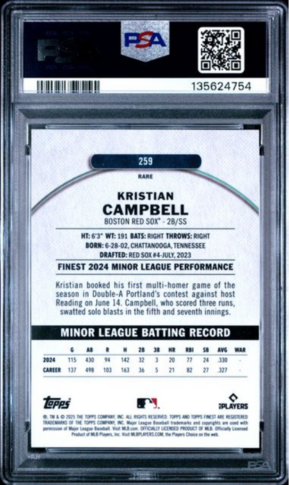 Graded 2025 Topps Finest Kristian Campbell #259 Rookie RC Baseball Card PSA 10 Gem Mint