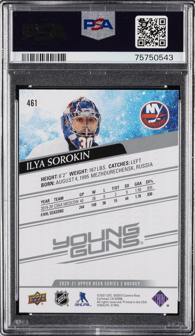 Graded 2020 Upper Deck Young Guns Ilya Sorokin #461 Rookie RC Hockey Card PSA 10 Gem Mint