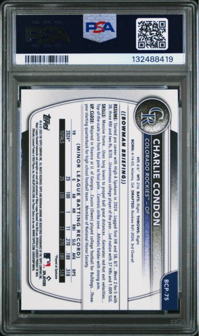 Graded 2025 Topps Bowman Charlie Condon #BCP75 Chrome Prospects Green Geometric /99 Rookie RC Baseball Card PSA 10 Gem Mint
