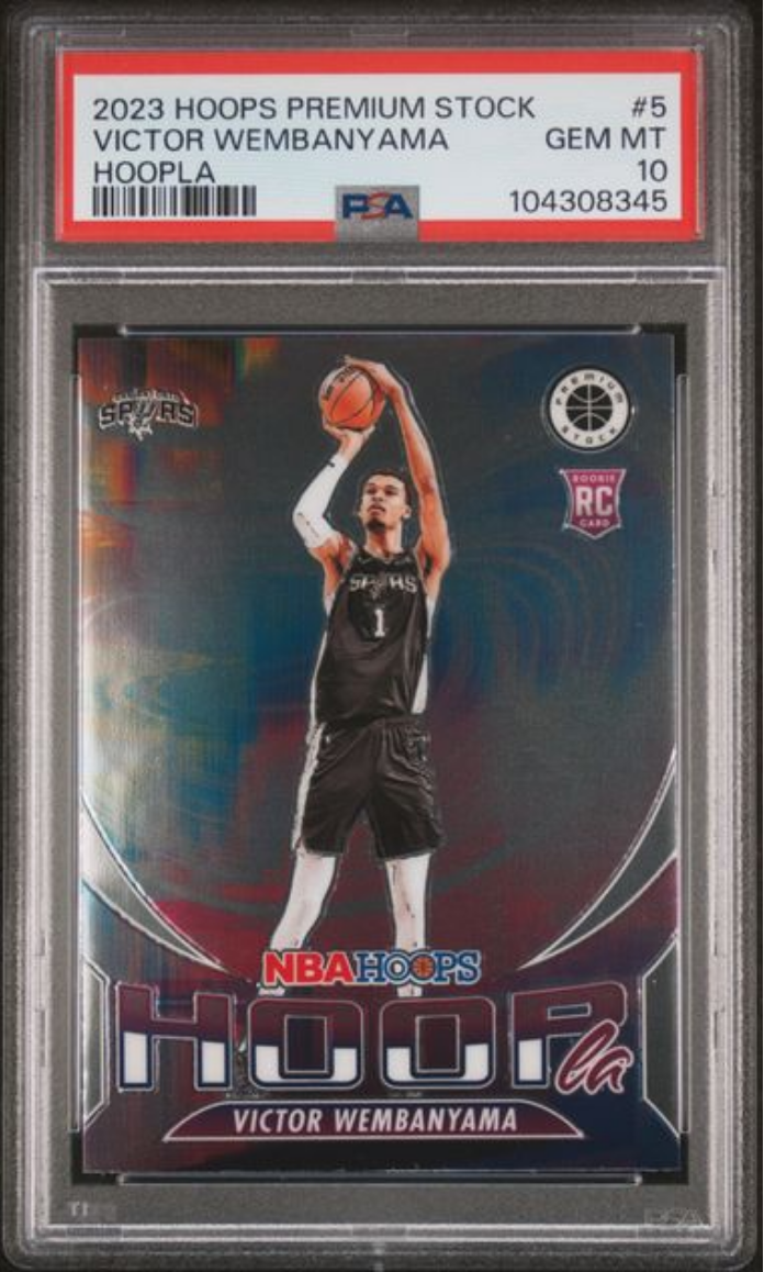 Graded 2023 Panini NBA Hoops Premium Stock Victor Wembanyama #5 Hoopla Rookie RC Basketball Card PSA 10 Gem Mint