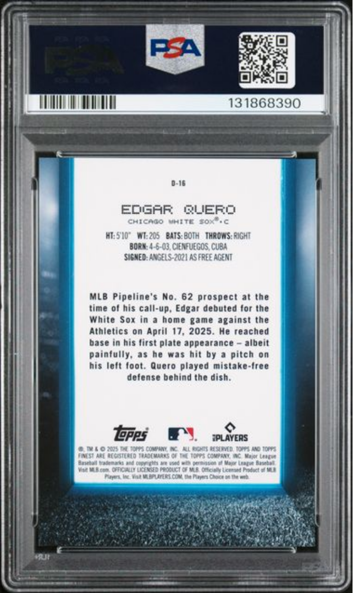 Graded 2025 Topps Finest Edgar Quero #D16 Debut Black Refractor /10 Rookie RC Baseball Card PSA 10 Gem Mint