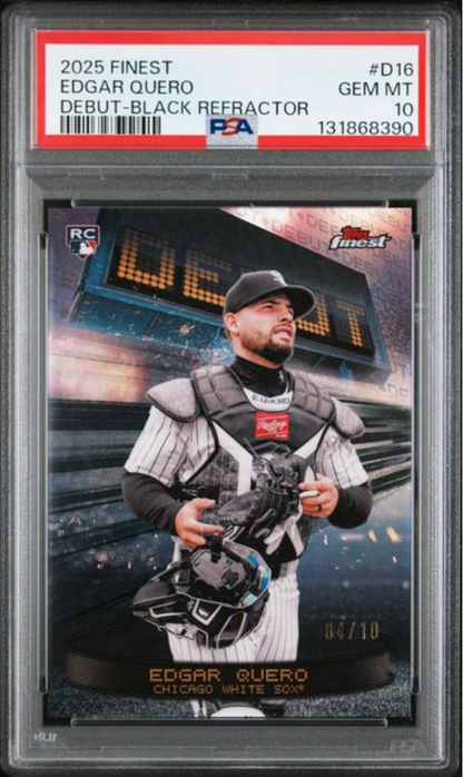 Graded 2025 Topps Finest Edgar Quero #D16 Debut Black Refractor /10 Rookie RC Baseball Card PSA 10 Gem Mint