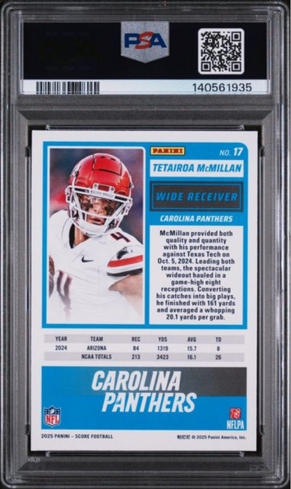 Graded 2025 Panini Score Tetairoa McMillan #17 Rookie RC Football Card PSA 10 Gem Mint