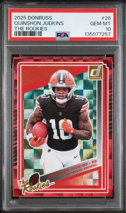 Graded 2025 Panini Donruss Quinshon Judkins #26 The Rookies Rookie RC Football Card PSA 10 Gem Mint