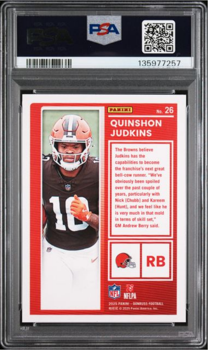 Graded 2025 Panini Donruss Quinshon Judkins #26 The Rookies Rookie RC Football Card PSA 10 Gem Mint