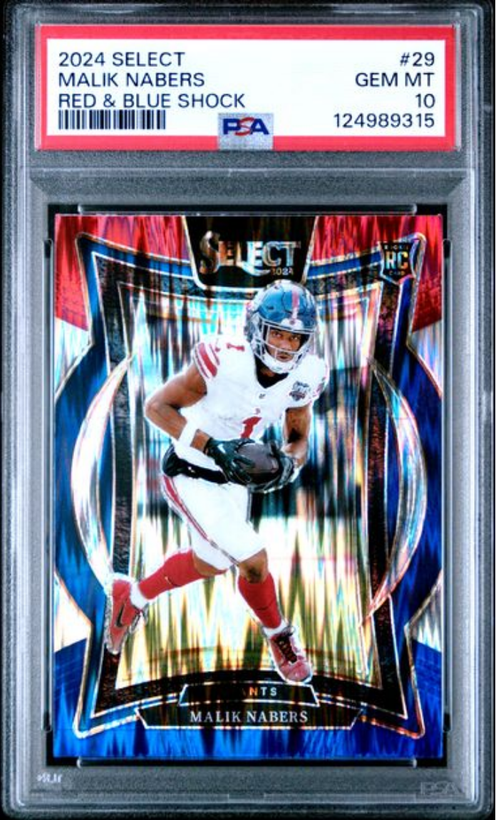 Graded 2024 Panini Select Malik Nabers #29 Red & Blue Shock Rookie RC Football Card PSA 10 Gem Mint