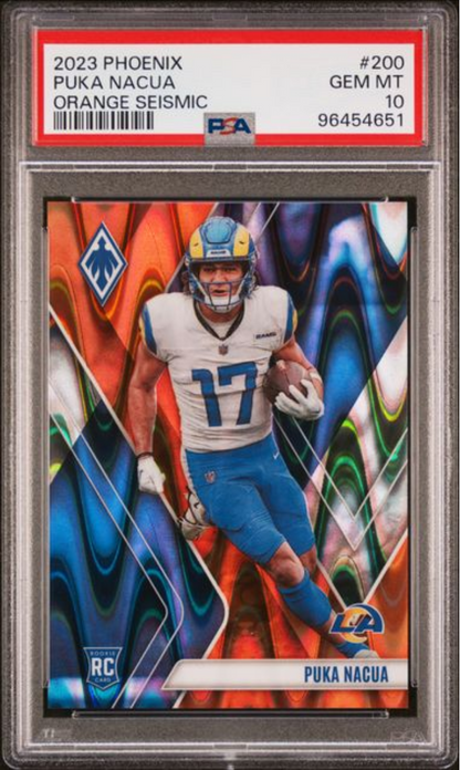 Graded 2023 Panini Phoenix Puka Nacua #200 Orange Seismic /99 Rookie RC Football Card PSA 10 Gem Mint