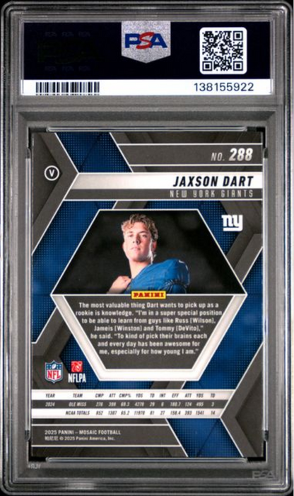Graded 2025 Panini Mosaic Jaxson Dart #288 Rookie RC Football Card PSA 10 Gem Mint