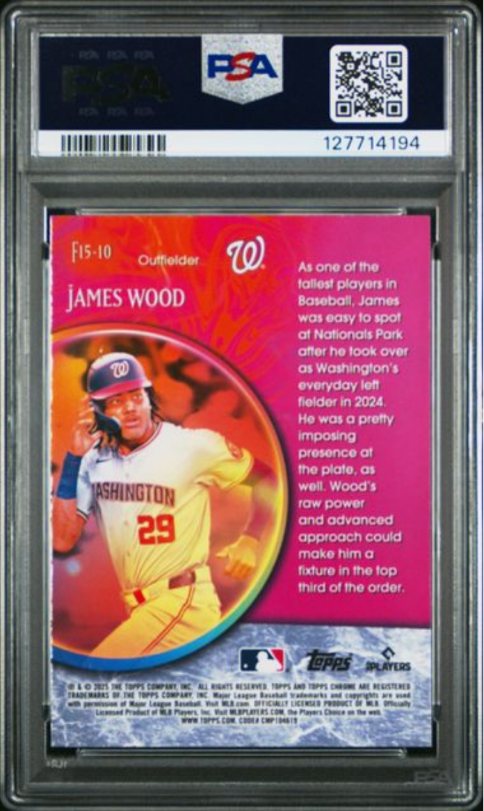 Graded 2025 Topps Chrome James Wood #F15-10 Fortune 15 Rookie RC Baseball Card PSA 10 Gem Mint