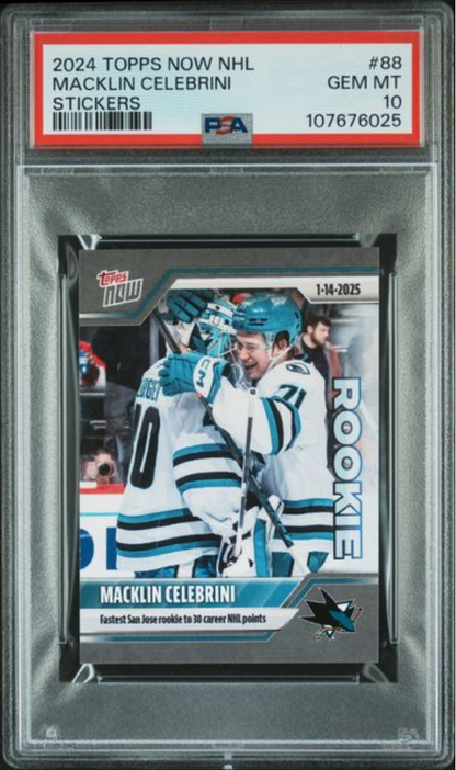 Graded 2024 Topps Now NHL Macklin Celebrini #88 Stickers Rookie RC Hockey Card PSA 10 Gem Mint