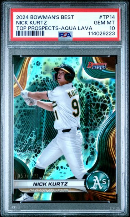 Graded 2024 Topps Bowmans Best Nick Kurtz #TP14 Top Prospects Aqua Lava /199 Rookie RC Baseball Card PSA 10 Gem Mint