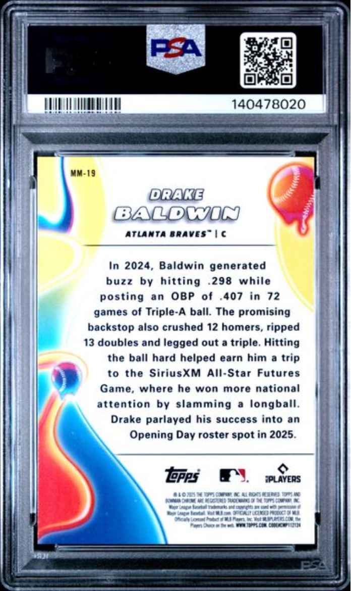 Graded 2025 Topps Bowman Chrome Drake Baldwin #MM19 Melt Mashers Rookie RC Baseball Card PSA 10 Gem Mint