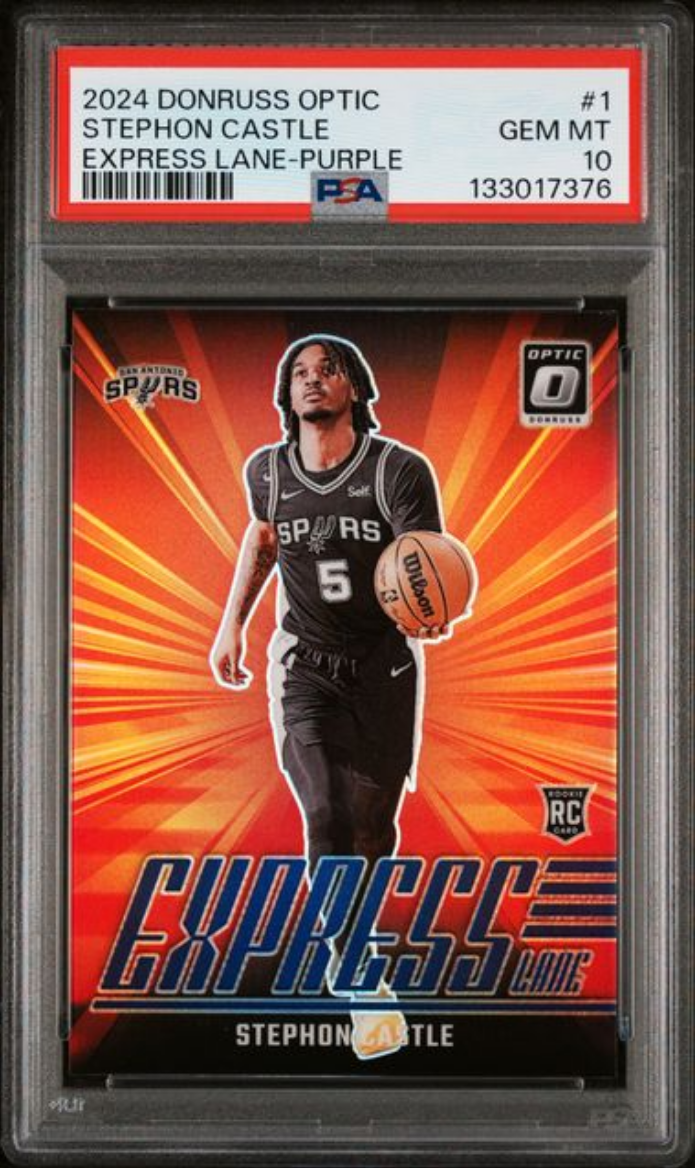 Graded 2024 Panini Donruss Optic Stephon Castle #1 Express Lane Purple Rookie RC Basketball Card PSA 10 Gem Mint