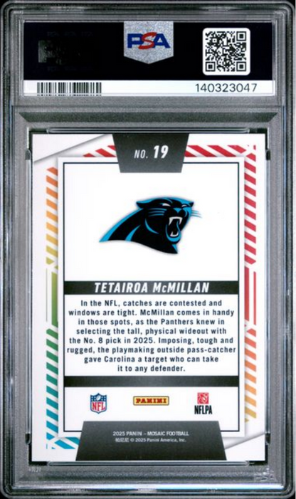 Graded 2025 Panini Mosaic Tetairoa McMillan #19 Men of Mastery Rookie RC Football Card PSA 10 Gem Mint