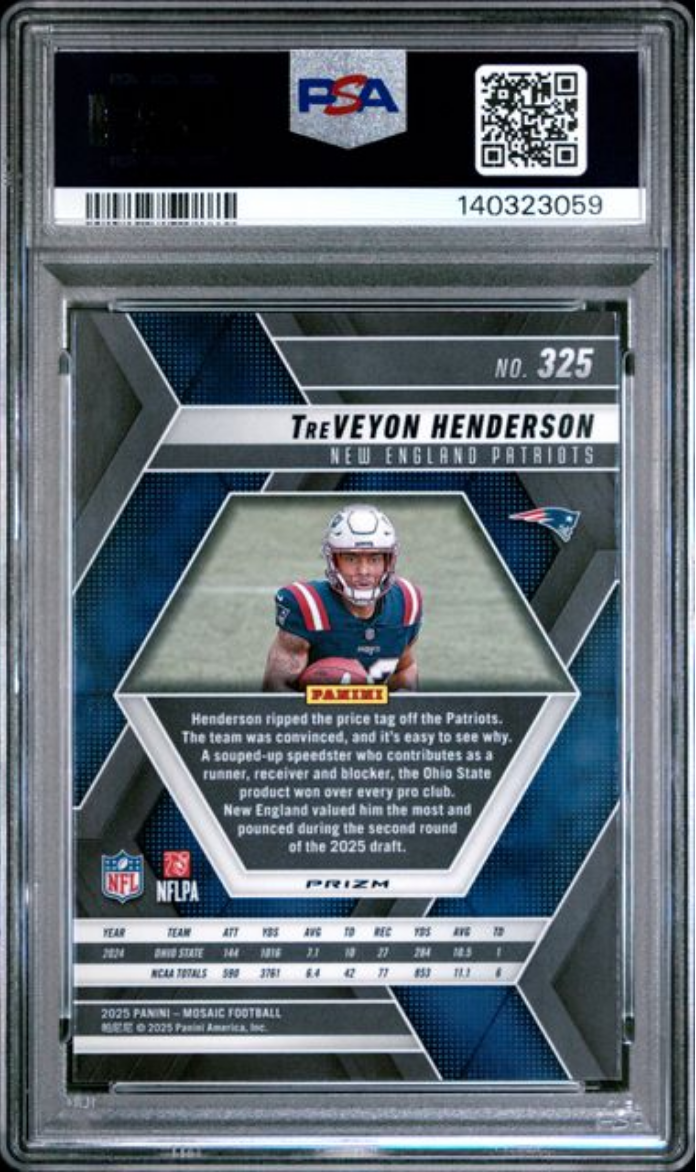 Graded 2025 Panini Mosaic TreVeyon Henderson #325 Red Camo Rookie RC Football Card PSA 10 Gem Mint
