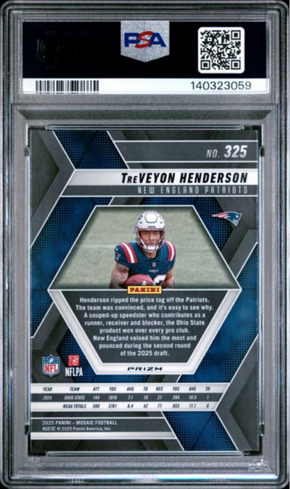 Graded 2025 Panini Mosaic TreVeyon Henderson #325 Red Camo Rookie RC Football Card PSA 10 Gem Mint