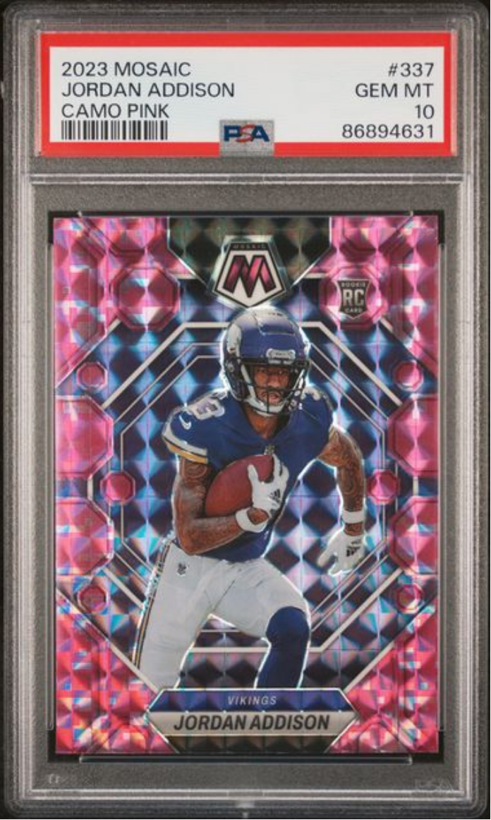 Graded 2023 Panini Mosaic Jordan Addison #337 Camo Pink Rookie RC Football Card PSA 10 Gem Mint